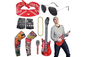 AOT Heavy Metal Disco Costume Accessories, Punk Rocker Fancy Dress with Retro Red Punk Bandanas Sunglasses Gloves Bandanas Fake Temporary Tattoo Sleeves Arm Inflatable Instrument Gold Chain