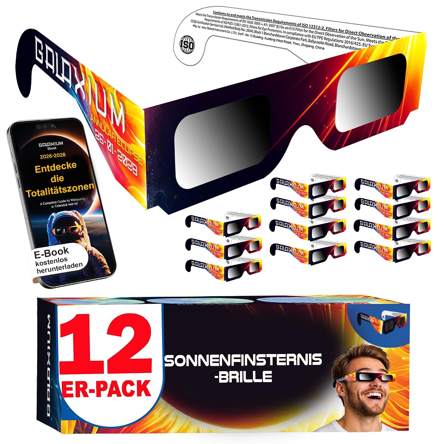 Galaxium 6/12/25/50/100-Pack Zonsverduisteringsbrillen 2026 ISO 12312-2 Gecertificeerd| Vertrouwd voor Directe Zonsverduisteringwaarneming