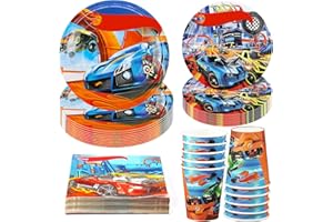 Hmfmdy Rennauto Partygeschirr Set, 50 Stück Racing car Party Deko, Rennauto Geburtstag Geschirr Kit, Mit Pappteller Becher Servietten, Autos Kindergeburtstag Party Geschirr Supplies für 10 Gäste