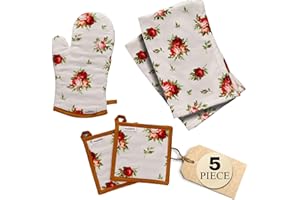 Muldale Floral Oven Mitt and Pot Holders Set - Kitchen Towels and Mittens - 5 Pack - Vintage Decor - Kitchen Textile Linen Sets - Soft and Absorbent - Royal Albert Rose Design