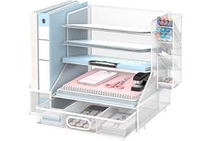 SUPTIDY Schreibtisch Organizer mit Aktenhalter, 5-Tier Mesh Papier Brief Tray Organizer mit Stifthalter und Schublade für Bürobedarf, Weiß