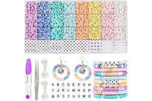 JOLCEEY Clay Beads Bracelet Making Kit, 8 Pastel Colors Flat Round Polymer Clay Heishi Beads Friendship Bracelet Kit for Jewelry Making Necklace DIY Craft
