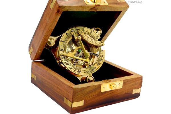 KHUMYAYAD Boussole en laiton. Élégante boussole nautique traditionnelle de cadran solaire de 7,6 cm en laiton antique avec boîte en bois exquise.