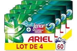 Ariel Pods 4en1, Lessive en Capsules, Avec Une Touche De Lenor Unstoppables, 60 Lavages (15x4), 7 Jours De Fraîcheur Longue Durée, Dissolution Rapide Même à Froid, Fabriqué en France