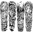 Briyhose Lion Leopard Temporary Tattoo Sleeve For Men Women, Full Arm Large Black Forest Wolf Tribal Fake Tattoos Sleeve Adult, Long Lasting Animal Arm Temp Tatoo Sticker Leg Body Art Makeup, 4-Sheet