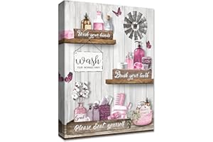 HALFLEMART Wooden Framed Pink Bathroom Canvas Wall Art Wash Your Worries Away Motivational Quotes Canvas Print Butterflies and Cotton Vase Picture Painting Home Gallery Corridor Bathroom Wall Decor 30x40cm