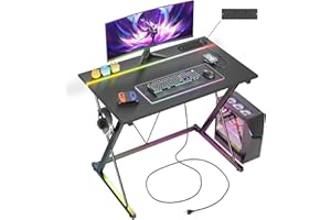 BEXEVUE Gaming Desk with LED Power Strip, 80x50 cm Computer Gamer Desk, 2 Outlets, USB and Type-C Ports, Modern X-Frame Design, Headphone Hook, Carbon Fiber Black