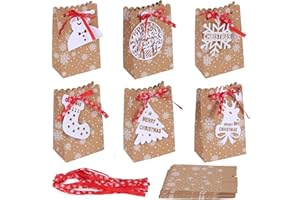 AWBEOT 24 bolsas de regalo de papel Navidad Kraft bolsas de papel navideñas cajas regalo Navidad con cinta caja para regalo Navidad caramelo chocolates galletas 18,3 x 11,5 x 7,4 cm