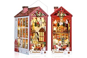 Quanquer DIY Book Nook_Navidad casa de muñecas de Madera con Caja de música y la Cubierta de Polvo Kit de casa en Miniatura, Día de Navidad 3D Kits de Madera Rompecabezas Libro de la Esquina