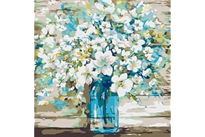 AIRDEA Teal Blue Mason Bottle White Flowers Paint by Numbers Adult, Paint by Number Kits on Canvas with Brushes, Oil Hand Painting Art Crafts Kits for Adults, Home Decor 35x35CM