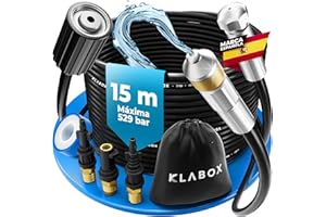 KLABOX Desatascador Tuberias a Presion 15m | Desatascador Karcher compatible con Karcher K2-K7, Lavor, Bosch, Parkside y más Marcas | Incluye 3 Adaptadores, 2 Boquillas, 1 Bolsa y 1 Cinta Teflón