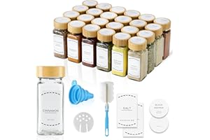 ToughHub 24 Pcs Glass Spice Jars with Bamboo Lids - 120ml Airtight Spice Containers with Shaker Lids, 96 Pre-Printed English Labels, Silicone Funnel & Cleaning Brush – Spice Bottles for Home Kitchen