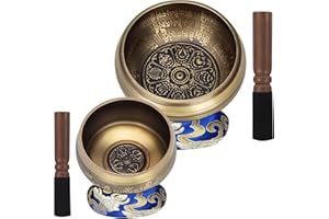 DiDiBirDi Zestaw tybetańskich misek dźwiękowych, 11 cm i 8 cm, 2 szt. młotków i żółtej poduszki pierścieniowej, ręcznie młotkowane w Nepalu, miska dźwiękowa do medytacji, jogi