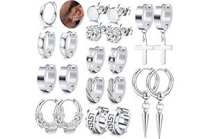 JeweBella 11Pairs Mens Earrings Stainless Steel Silver Black Stud Earrings Small Hoop Earrings Zirconia Earrings Set Cross Dangle Hoop Earrings Hypoallergenic Piercing Cartilage Earrings for Men Women