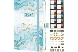 Dzhzal Diary 2024 Week to View A5 5.7''x8.3'' January 2024 - December 2024 with Stickers, Productivity Appointment Diary Planner with Pen Holder, Elastic Closure and Storage Pocket