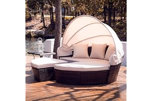 VONLUCE 4 Piece Modular Wicker Garden Daybed, Outdoor Sectional Sofa Set with Rattan Daybed or 4 Chairs, Retractable Canopy, Pillows, Beige