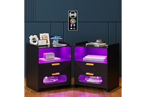 Lvifur 2er Mesita de Noche con luz LED RGB, mesitas de Noche con 2 cajones, función de Sensor Humano, Armario de Noche 20 Luces de Color Regulables con Carga inalámbrica Carga USB