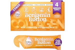 Benjamin Button Marine Collagen Liquid Sachet w/Hyaluronic Acid & Vitamin C | for Hair, Skin, Nails & Joints | 12,000mg High Strength Hydrolysed Collagen (Mango, 28x Sachets)