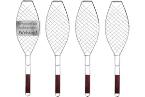 4 x Fisch-Grillhalter Edelstahl groß mit Holzgriff VonBueren | 62,5 x 15,5 cm | Fischgrillgitter | Fischzange zum Grillen | Fischgriller | Grillkorb