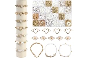 ONBAGLST Handgemachtes Perlenarmband-Set, umweltfreundliche Perlen für Armbänder in Weiß und Gold | Anpassbare Buchstaben und Charms DIY Perlen zum Auffädeln | Schmuckgeschenk für Mädchen und Frauen