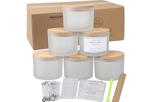 MILIVIXAY Lot de 6 pots à bougies de 473,6 g avec couvercles en bambou et kits de fabrication de bougies – Pot à bougie à 3 mèches, bocaux vides en verre blanc givré épais pour la fabrication de