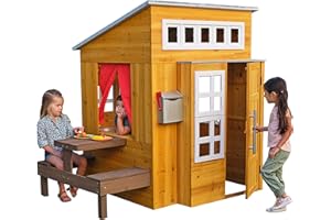 KidKraft Cabane Enfant Moderne pour l'Extérieur en Bois pour Jardin avec Cuisine et Table et Bancs pour Enfants, Maison de Jeux d'extérieur pour Jardin, 182