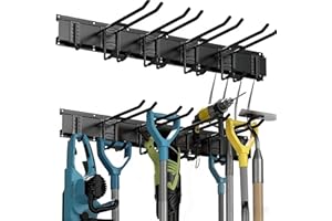 Neuytiky Pannello Porta Attrezzi da Parete - Porta Attrezzi da Giardino con 6 Ganci Regolabili, Parete Attrezzata per Garage/Giardino - Porta Scope Parete in Acciaio Resistente
