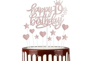 MCISKIN Happy 19th Birthday Cake Toppers, Rose Gold Cake Cupcake Toppers for Cake, Glitter Heart Stars Cake Toppers, Birthday Gift, Personalised Cake Topper for Women Girls 19th Birthday Cake Decorations