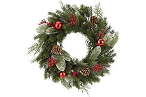 Zavothy Ghirlanda natalizia per porta natalizia, 45 cm, ghirlanda artificiale con pigne e palline di Natale, corona dell'Avvento, decorazione natalizia, decorazione per porta di casa, verde e rosso