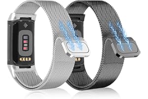 ELUTENG Métal Bracelet Compatible avec Fitbit Charge 6/Fitbit Charge 5 pour Femme Homme, 2 Pièces Acier Inoxydable Réglable Bracelet de Remplacement avec Boucle magnétique, Noir & Argent