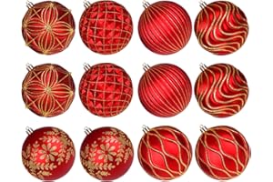 Lanpn 12 Pcs 10cm Bolas de Navidad Grandes, XXL Bola Árbol Navideñas Exterior, Esferas Navidad Plástico Inastillable de Relieve Patrón, Adornos Navideña Colgante para Hogar Jardines Patios, Oro & Rojo