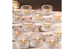 JCAKES Juego de 12 portavelas de té, portavelas de té de cristal (paquete de 12 unidades), pequeños para bodas, cumpleaños, vacaciones, velas, decoración de fiestas, vasos pequeños, portavelas, decoración de