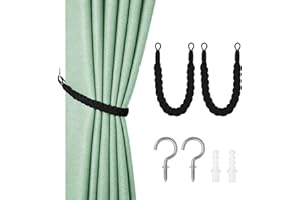 ONEMEAN Curtain Tie Backs,Rope Tie Backs for Curtains Set of 2 Black Curtain Ties with Hooks,Hand Woven Tie Backs Curtain,black Curtain Tie Backs for Kitchen, Bathroom, Studio or Any Room Curtains