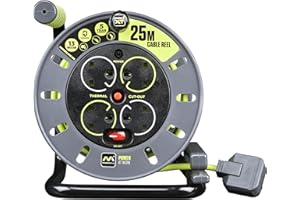 Masterplug Pro-XT Four Socket Open Cable Reel Extension Lead with Winding Handle, Thermal Cut Out and Power Switch, 25 Metres High Visibility Cable, Green