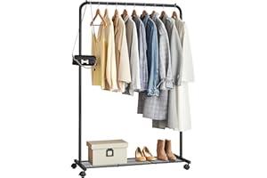 SONGMICS HSR25BK Mobile Clothes Rack on Wheels, Clothes Organizer, Metal with Storage Shelf, Bar Load 40 kg, Black