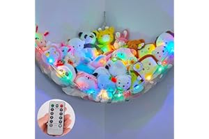 MHJY Toy Hammock Stuffed Animals Toy Storage Net with LED Light Large Corner Hanging Soft Cuddly Plush Mesh Organizer with Remote Control 8 Kinds of Llight Mode for Kids Nursery Bedroom