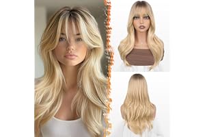 ‎BARSDAR BARSDAR Ombre Blond Perücke mit Pony, 50cm Layered Perücke mit Dunklen Wurzeln für Frauen Natürliches Aussehen Weiche Gewellte Synthetische Sabrina Perücken Glattes Haarschnitt Fringe Tägliche Party