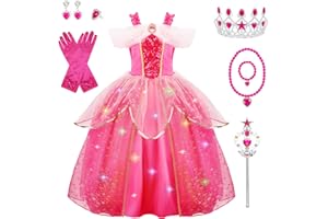 MELAND Princess Costumes for Girls, Sleeping Light Up Princess Dress Up for Girls Age 3-10 Years, Rose Pink Fancy Dress for Kids & Toddlers Halloween Costumes