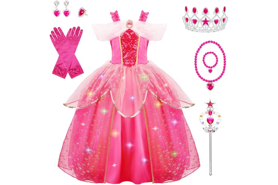 MELAND Princess Costumes for Girls, Sleeping Light Up Princess Dress Up for Girls Age 3-10 Years, Rose Pink Fancy Dress for Kids & Toddlers World Book Day Costumes