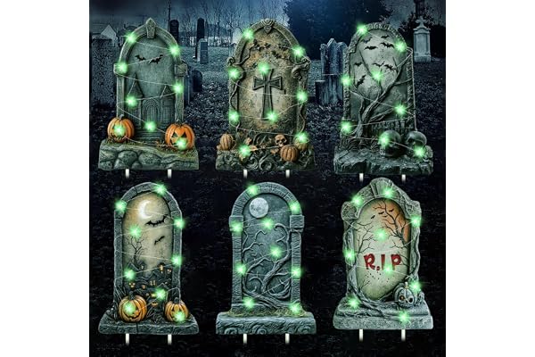 Halloweendekoration, utomhus, gravsten, 6 stycken LED-gravstenar halloween, gravstensdekoration med 6 stycken 3 m ljuskedja, RIP gravsten, läskig trädgårdsdekoration för fest, spökhus