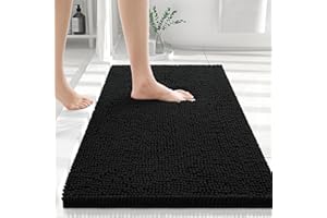 smiry Chenille Bath Mat, 40 x 60 cm, Non-Slip Super Absorbent Bathroom Mat Extra Soft Fluffy Bath Mats for Bathroom Thick Machine Washable Bathroom Floor Mats Rugs, Black