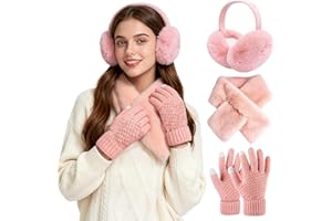 Bryndo Winter Scarf and Gloves Set for Women, Warm Fluffy Ear Muffs Thermal Warm Plush Scarf Touch Screen Gloves 3 in 1 Cold Weather Set for Winter Gifts Skiing Outdoor Sports