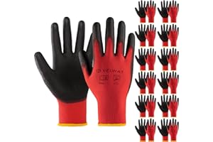 Velway Guanti da Lavoro 12 Paia - Resistenti all'Abrasione - Fibra Poliestere con Rivestimento in PU - Versatile per Usi Meccanica Industriale Giardinaggio Assemblaggio - Rosso Taglia 8/M