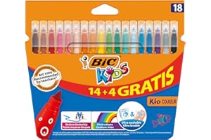 BIC Kids Kid Couleur, Feutres de Coloriage Enfant à Pointe Moyenne, Couleurs Assorties, Etui Carton de 18