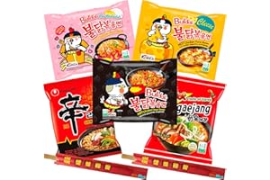 Lote 5 Ramen Coreano y 2 Palillos WikiMark. Incluye Samyang Noodles Carbonara, Ottogi Jin Spicy, Samyang Hot Chicken, Samyang Hot Taste of Korea, Nongshim Shin Ramyun Noodle Soup.