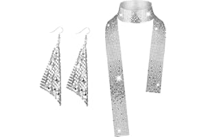 Otuuz Set de Accesorios de Disfraz de Discoteca Kit 2 Piezas Joyas de Fiestas de Mujer de Carnaval 1970 Pendientes Brillantes Collar de Metal Plateado para Suministros de Disfraces Festivales
