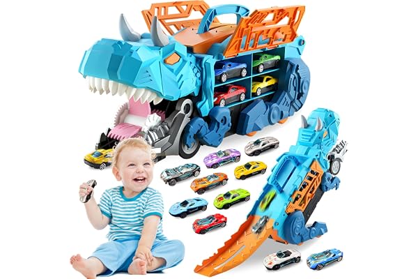 Pardofelis Camion Transporteur Voiture Dinosaure, Jouet Portable avec Piste de Course Éjectable et 10 Mini Voitures, pour Enfants de 3 4 5 6 Ans Enfants GarçOns Cadeau