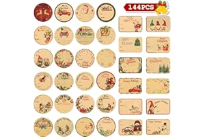 POPGIFTU Etiquette Cadeau Noël Autocollante, 144Pièces Étiquettes Nom Noël Papier Kraft, Autocollants Étiquettes Cadeaux de Noël pour les Emballages Cadeaux décoratifs(36 modèles Assortis)