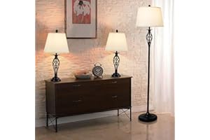 Depuley 1 lampa stojąca + 2 lampy stołowe, zestaw 3 lamp, lampa stojąca w stylu vintage, z oprawą E27, abażur z białego lnu, do salonu, sypialni (żarówki w zestawie)