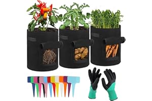 BFHRHF 3-Pack Kartoffel Pflanzsack, 40L/10 Gallonen Kartoffelsack Zum Pflanzen Mit 12 Plastikschildern und 1 Paar Handschuhe,Tomatenpflanzen Pflanzsäck, Pflanzen Tasch für Kartoffeln, Tomaten,Blumen, Gemüs